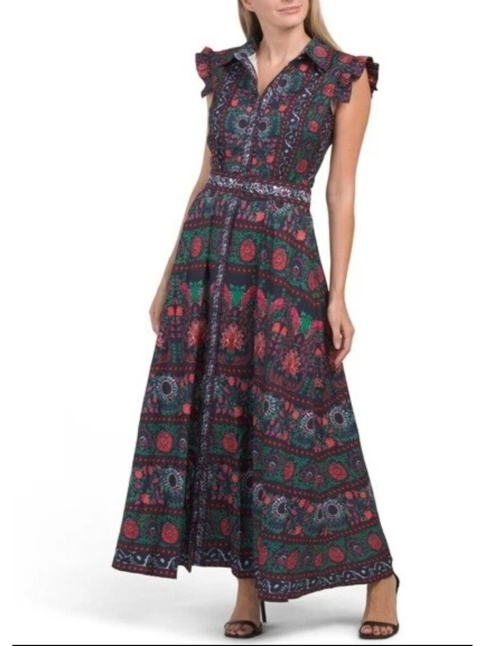 Dalia MacPhee Navy Floral Belted Maxi Dress Ruffle Sleeve Button Front L NWT
